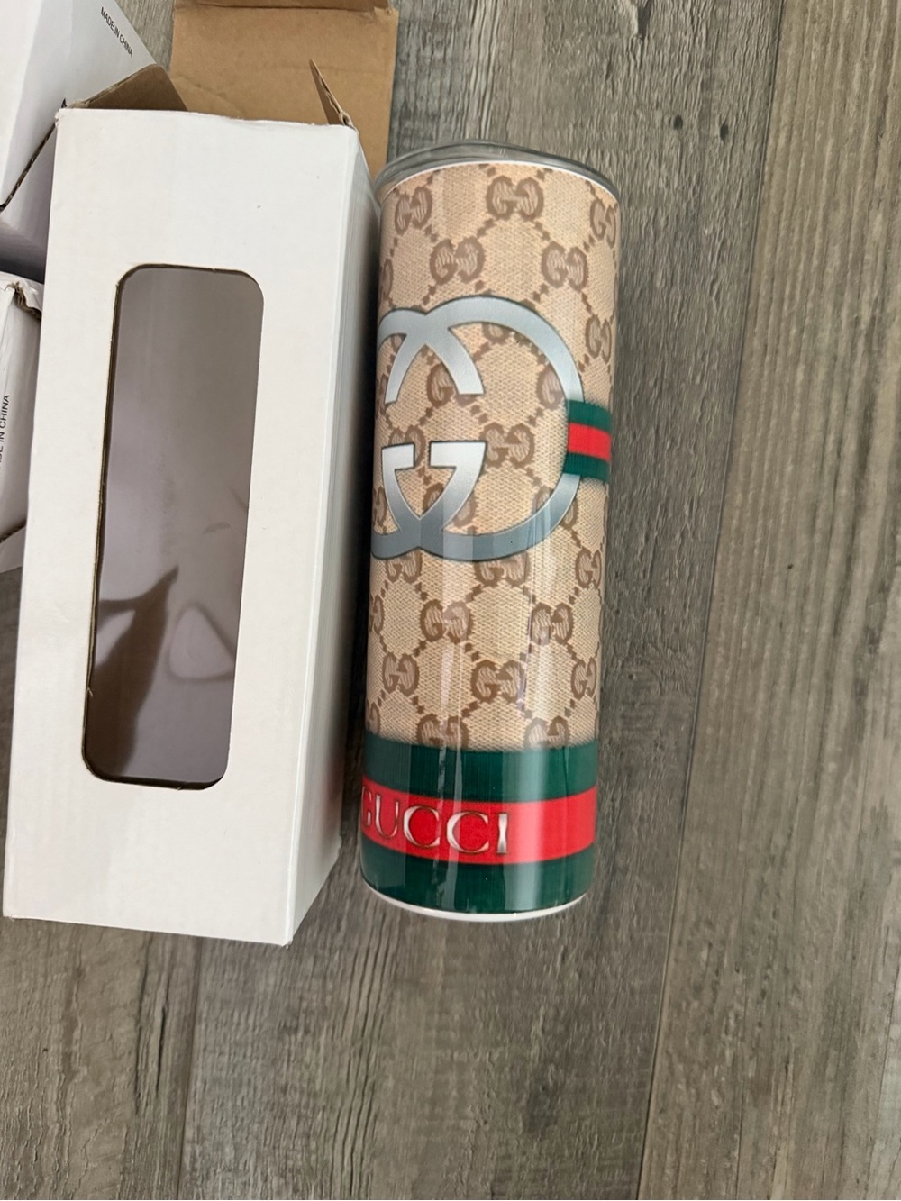 Gucci Beige Monogram Tumbler with Green & Red Stripes